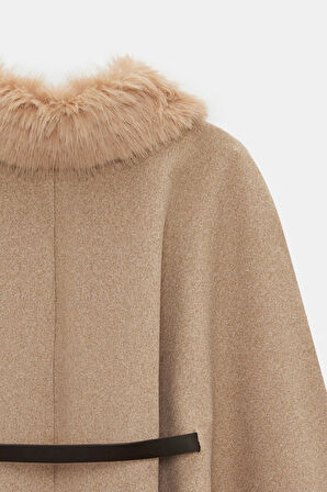 Bej - STD Kadın Kürk Yakalı Kemerli Kaşe Panço - Vintage Glam