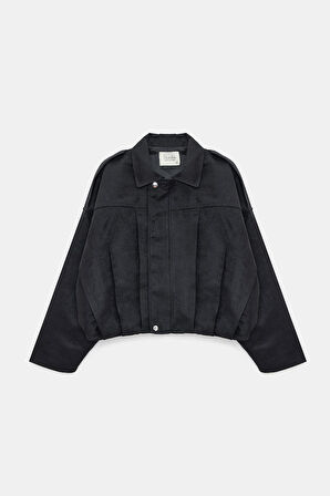 Siyah - 38 Kadın Oversize Fermuarlı Pile Detaylı Apoletli Bomber Süet Ceket - Military Chic