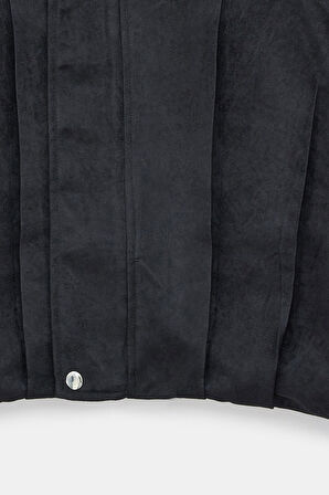 Siyah - 38 Kadın Oversize Fermuarlı Pile Detaylı Apoletli Bomber Süet Ceket - Military Chic