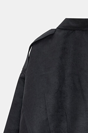 Siyah - 38 Kadın Oversize Fermuarlı Pile Detaylı Apoletli Bomber Süet Ceket - Military Chic