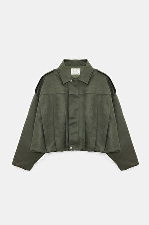Haki - 40 Kadın Oversize Fermuarlı Pile Detaylı Apoletli Bomber Süet Ceket - Military Chic