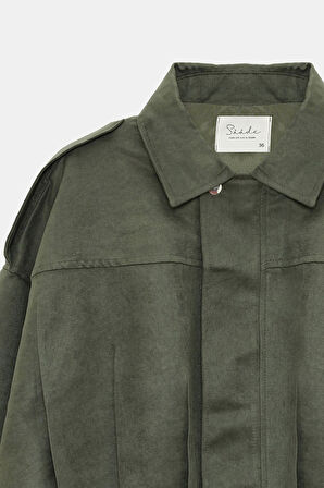Haki - 42 Kadın Oversize Fermuarlı Pile Detaylı Apoletli Bomber Süet Ceket - Military Chic