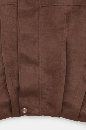 Acı Kahverengi - 42 Kadın Oversize Fermuarlı Pile Detaylı Apoletli Bomber Süet Ceket - Military Chic