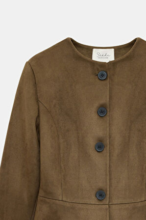 Haki - S Kadın Regular Fit Bisiklet Yaka Düğmeli Süet Ceket