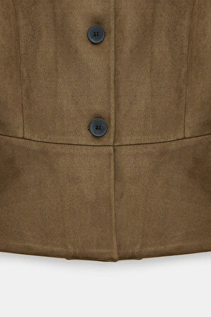 Haki - S Kadın Regular Fit Bisiklet Yaka Düğmeli Süet Ceket