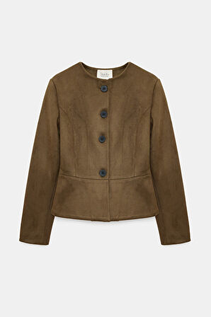 Haki - M Kadın Regular Fit Bisiklet Yaka Düğmeli Süet Ceket