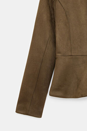 Haki - M Kadın Regular Fit Bisiklet Yaka Düğmeli Süet Ceket