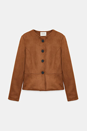 Kahverengi - M Kadın Regular Fit Bisiklet Yaka Düğmeli Süet Ceket