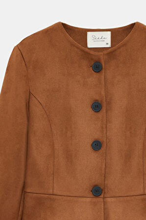 Kahverengi - M Kadın Regular Fit Bisiklet Yaka Düğmeli Süet Ceket