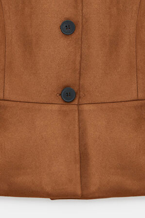 Kahverengi - M Kadın Regular Fit Bisiklet Yaka Düğmeli Süet Ceket