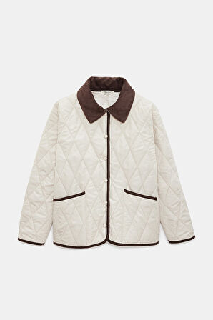 Ekru - 36 Kadın Relax Fit Kadife Yaka Biye Detaylı Kapitone Mont - Heritage