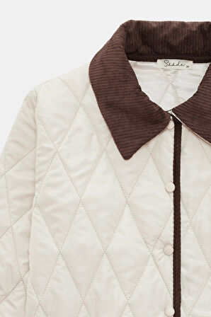 Ekru - 36 Kadın Relax Fit Kadife Yaka Biye Detaylı Kapitone Mont - Heritage