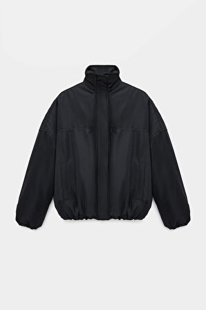 Siyah - 42 Kadın Oversize Dik Yaka Fermuarlı Puffer Mont