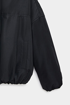 Siyah - 42 Kadın Oversize Dik Yaka Fermuarlı Puffer Mont