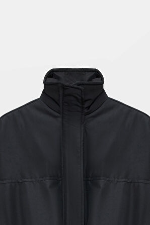 Siyah - 42 Kadın Oversize Dik Yaka Fermuarlı Puffer Mont