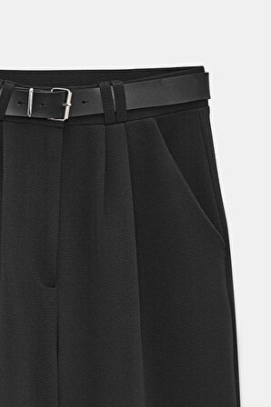 Siyah - 36 Kadın Yüksek Bel Likralı Palazzo Pantolon - Kemerli