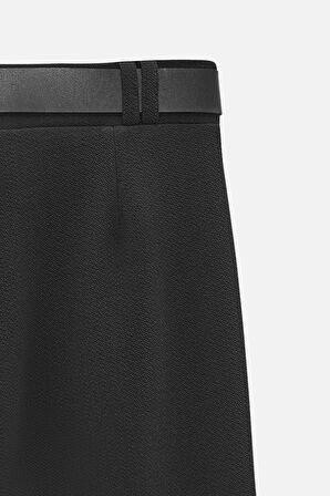 Siyah - 36 Kadın Yüksek Bel Likralı Palazzo Pantolon - Kemerli