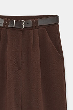 Kahverengi - 38 Kadın Yüksek Bel Likralı Palazzo Pantolon - Kemerli