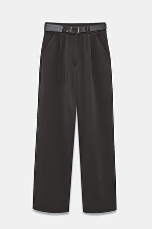 Antrasit - 36 Kadın Yüksek Bel Likralı Palazzo Pantolon - Kemerli