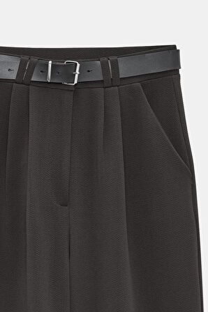 Antrasit - 38 Kadın Yüksek Bel Likralı Palazzo Pantolon - Kemerli