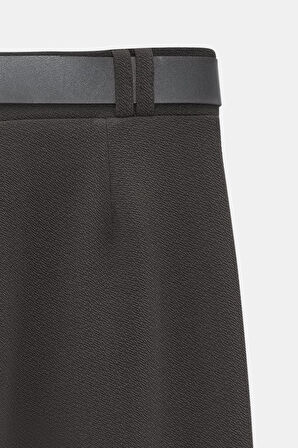 Antrasit - 38 Kadın Yüksek Bel Likralı Palazzo Pantolon - Kemerli