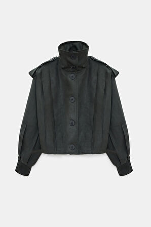 Koyu Petrol - M Kadın Oversize Dik Yaka Düğmeli Crop Bomber Süet Ceket - Pile Detaylı