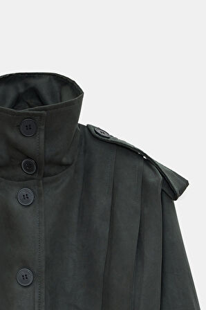 Koyu Petrol - M Kadın Oversize Dik Yaka Düğmeli Crop Bomber Süet Ceket - Pile Detaylı