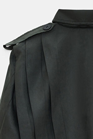 Koyu Petrol - L Kadın Oversize Dik Yaka Düğmeli Crop Bomber Süet Ceket - Pile Detaylı