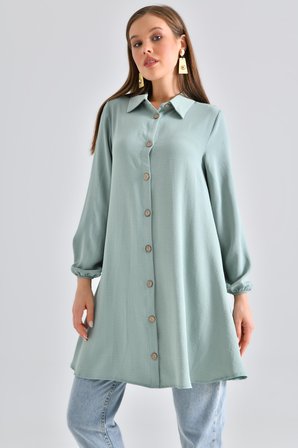 Mint Kadın Gömlek Yaka Ahşap Düğmeli Kolağzı Lastikli Aerobin Dokuma Tunik - Regular Fit
