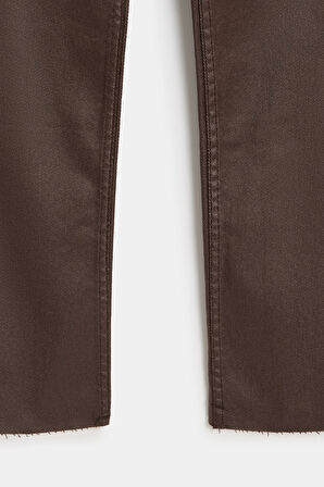 Kahverengi - 34 Kadın Mumlu (Waxed) Yüksek Bel Düz Kesim Likralı Jean Pantolon - Paça Detaylı