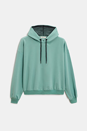 Mint - M Kadın Oversize Kapüşonlu Basic Hoodie Sweatshirt