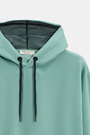 Mint - M Kadın Oversize Kapüşonlu Basic Hoodie Sweatshirt
