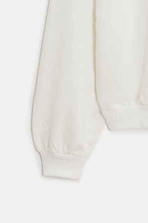 Ekru - M Kadın Oversize Kapüşonlu Basic Hoodie Sweatshirt