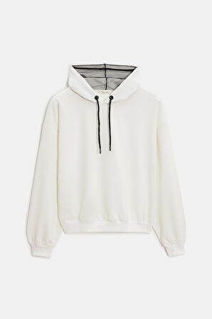 Ekru - L Kadın Oversize Kapüşonlu Basic Hoodie Sweatshirt
