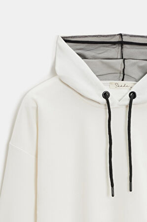Ekru - L Kadın Oversize Kapüşonlu Basic Hoodie Sweatshirt