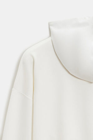 Ekru - L Kadın Oversize Kapüşonlu Basic Hoodie Sweatshirt
