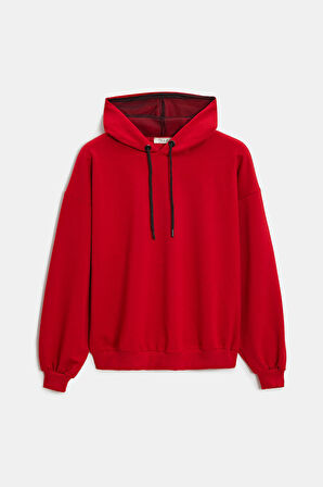 Kırmızı - L Kadın Oversize Kapüşonlu Basic Hoodie Sweatshirt