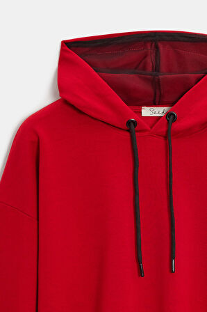Kırmızı - L Kadın Oversize Kapüşonlu Basic Hoodie Sweatshirt