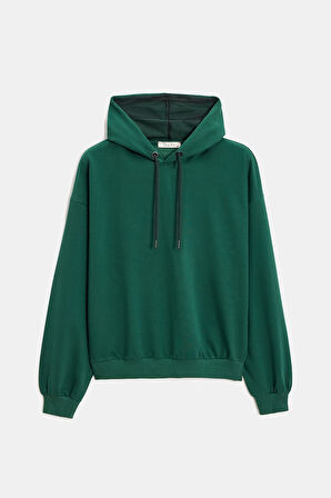 Yeşil - M Kadın Oversize Kapüşonlu Basic Hoodie Sweatshirt
