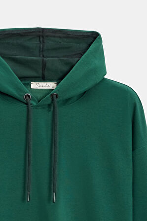Yeşil - L Kadın Oversize Kapüşonlu Basic Hoodie Sweatshirt