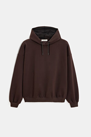Acı Kahverengi - L Kadın Oversize Kapüşonlu Basic Hoodie Sweatshirt