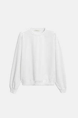 Beyaz - S Kadın Oversize Bisiklet Yaka Basic Casual Sweatshirt