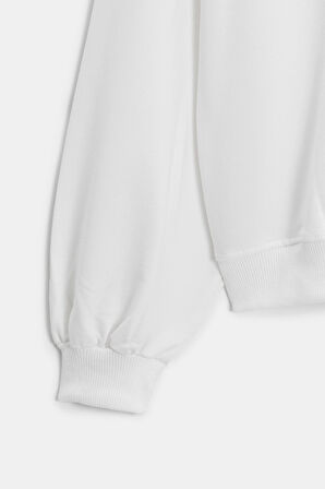 Beyaz - S Kadın Oversize Bisiklet Yaka Basic Casual Sweatshirt