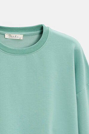 Mint - L Kadın Oversize Bisiklet Yaka Basic Casual Sweatshirt
