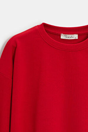Kırmızı - S Kadın Oversize Bisiklet Yaka Basic Casual Sweatshirt