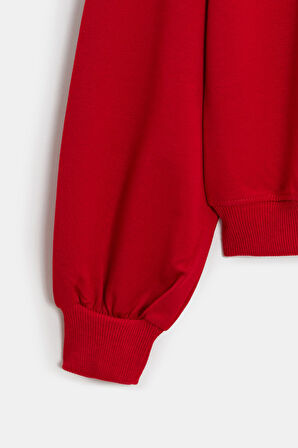 Kırmızı - S Kadın Oversize Bisiklet Yaka Basic Casual Sweatshirt