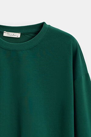Yeşil - S Kadın Oversize Bisiklet Yaka Basic Casual Sweatshirt