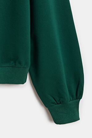 Yeşil - S Kadın Oversize Bisiklet Yaka Basic Casual Sweatshirt