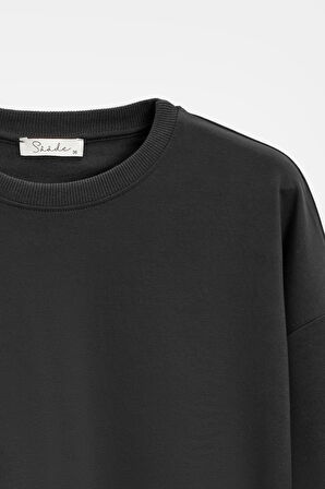 Siyah - M Kadın Oversize Bisiklet Yaka Basic Casual Sweatshirt