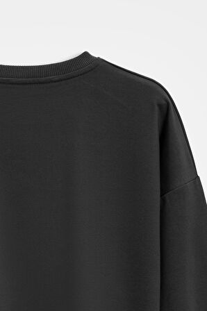 Siyah - M Kadın Oversize Bisiklet Yaka Basic Casual Sweatshirt